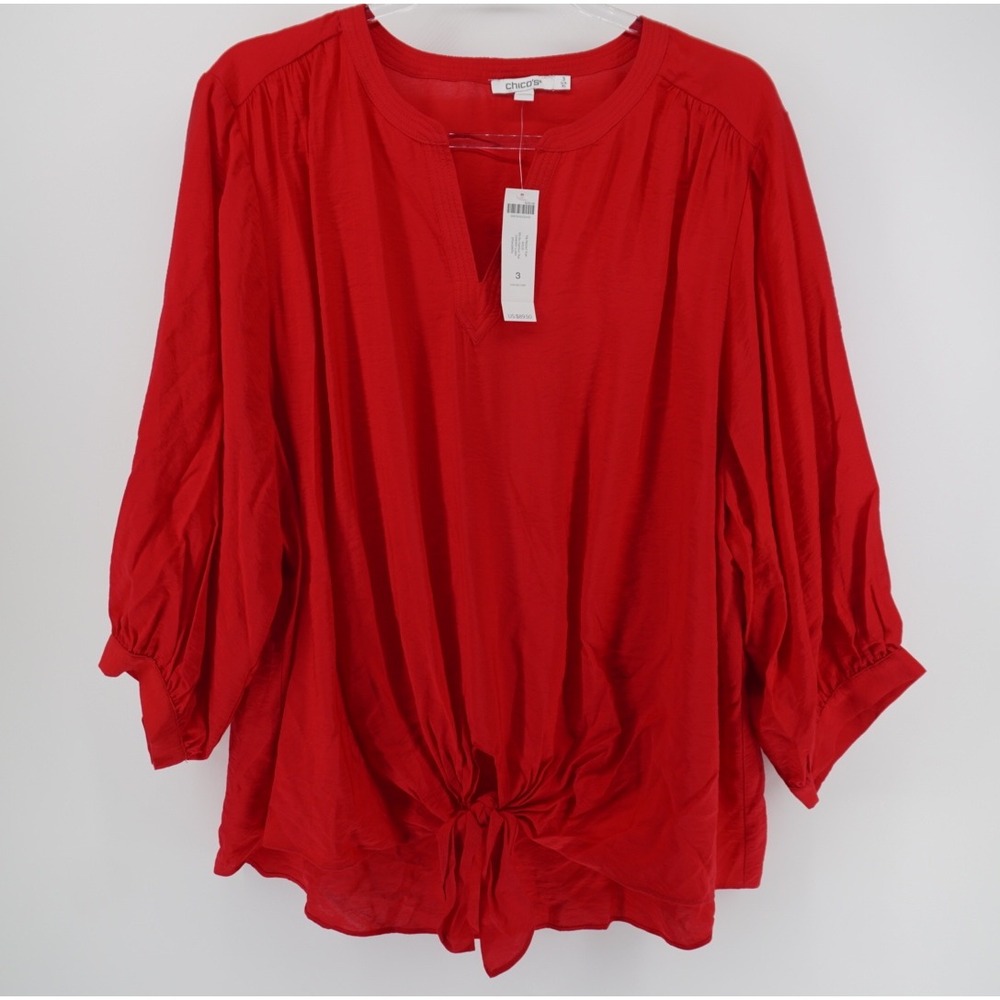 Chicos Red Tie Front 3/4 Sleeve Blouse Top XL Size 3 NEW Careerwear Mature